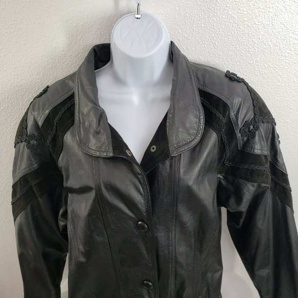 Womens‎ Vintage Black Genuine Leather Winlit short Trench Coat Jacket Medium Y2K - Picture 12 of 12
